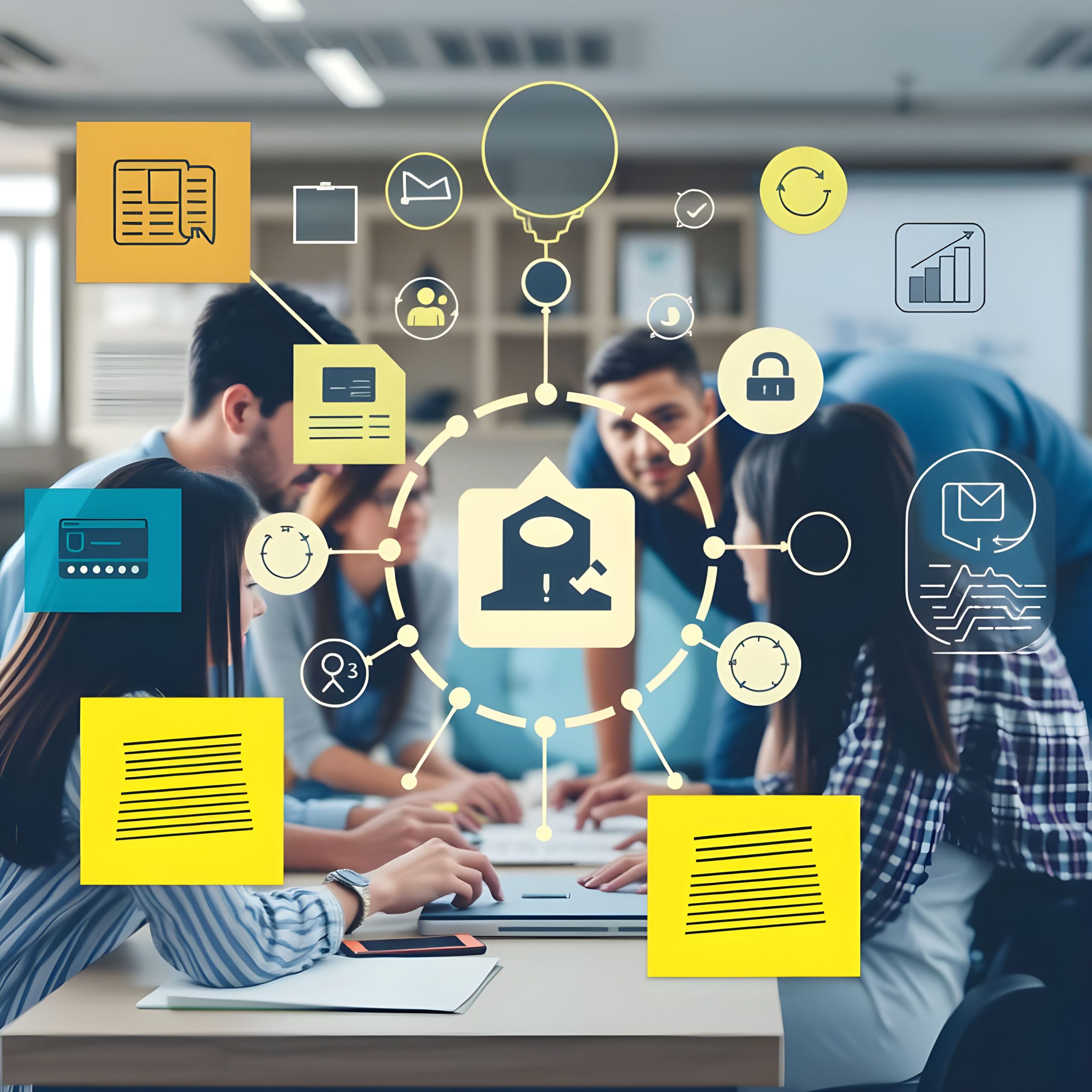 A group of professionals collaborating around a table, featuring a central infographic with interconnected icons representing knowledge management, technology, and teamwork.